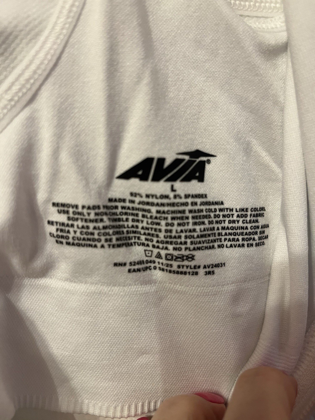 Avia Zip Front High Support Sports Bra Wireless Crossback White L