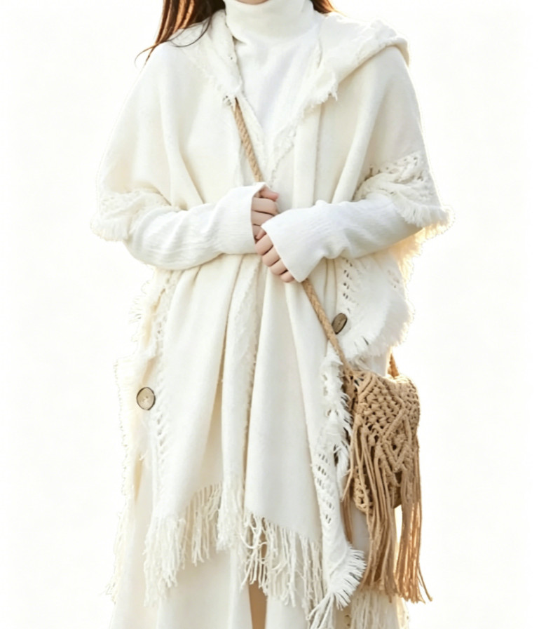 1-pack Women’s Hooded Cape Shawl Button Accents Cozy Multi-Wear