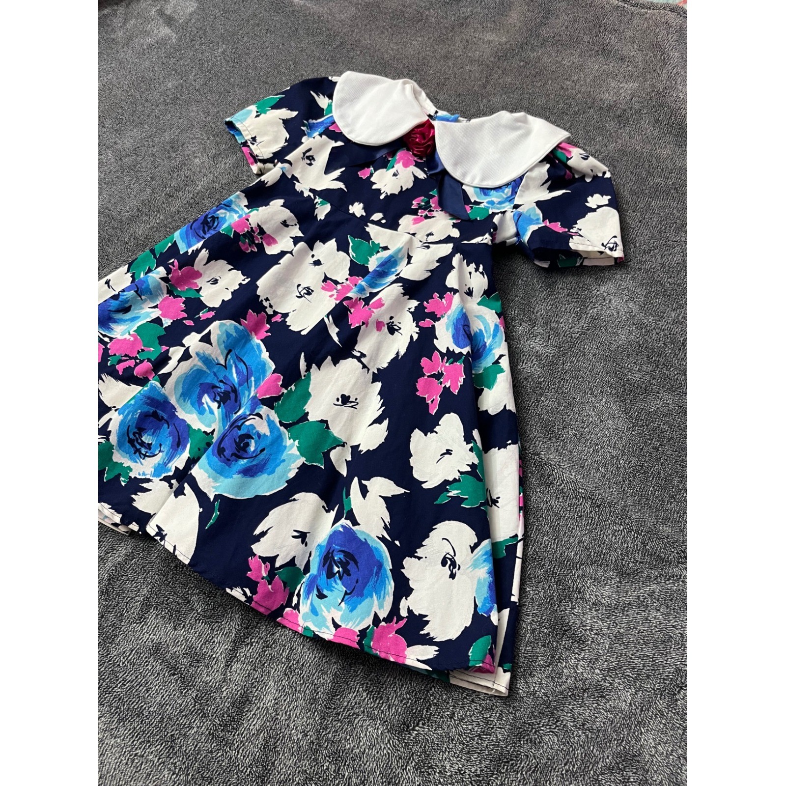 Vintage Roget Ltd Girls Navy Blue Floral Peter Pan Collar Dress Size 6
