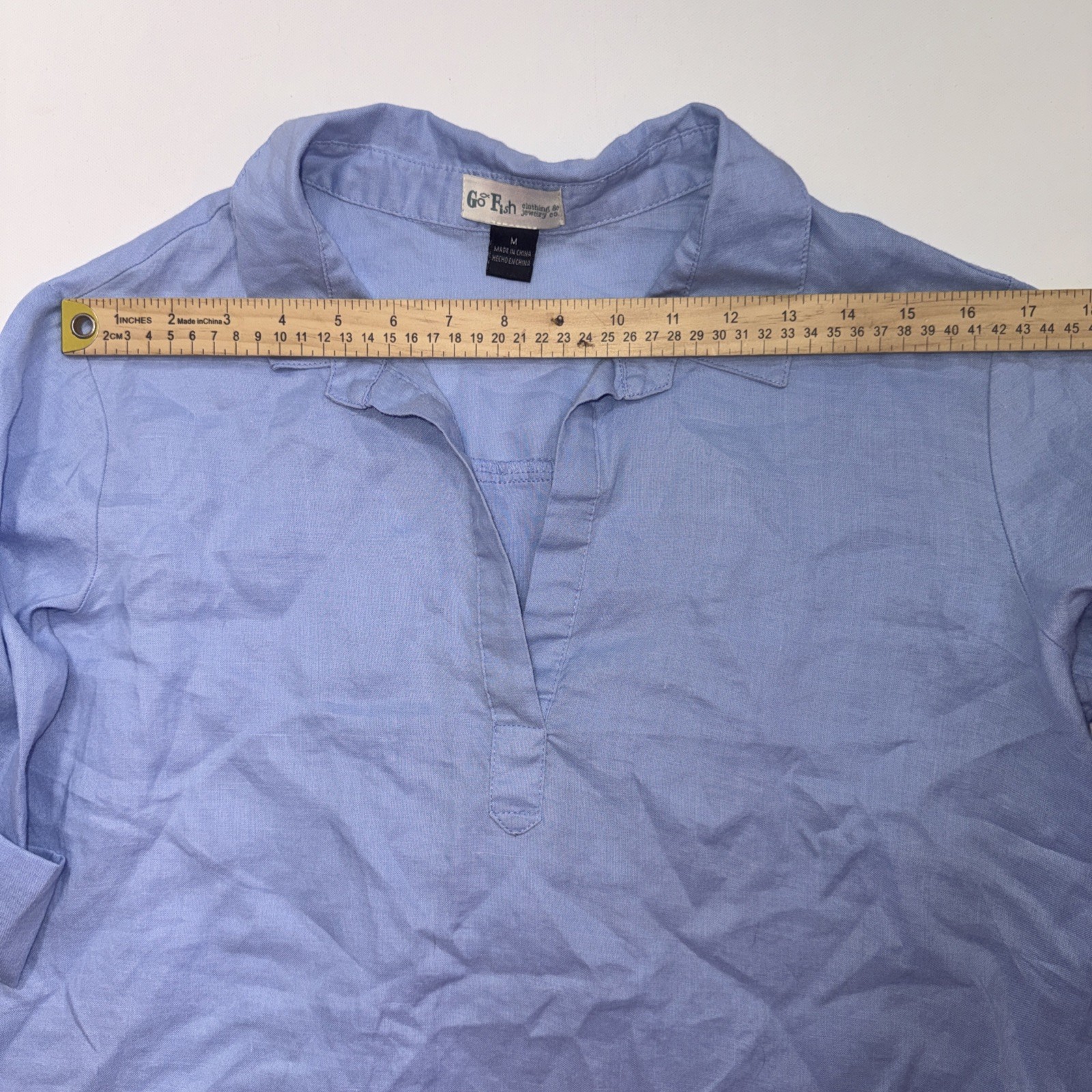 Go Fish Designer Luxury 100% Linen Blue Minimalist Casual Blouse Size Medium