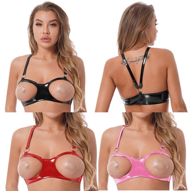 US Womens Sexy Open Nipple Patent Leather Bra Top with O Ring Bralette Lingerie