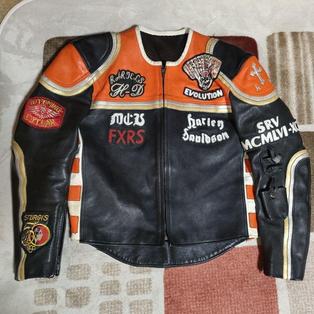 HARLEY DAVIDSON Marlboro Man Leather Jacket Black Orange Biker Mens