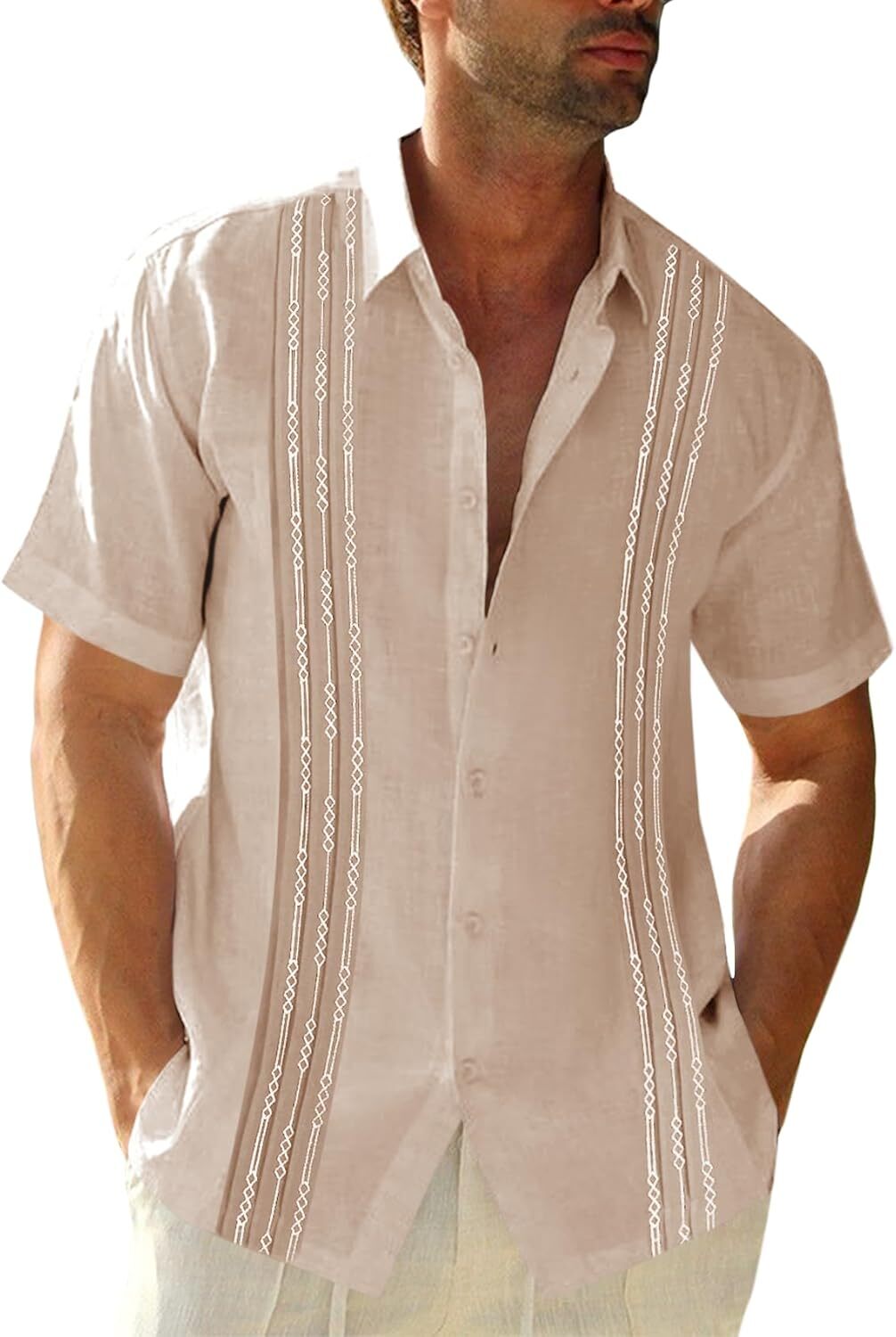 Mens Guayabera Shirt Linen Cotton Embroidered Short Sleeve Cuban Wedding Beach