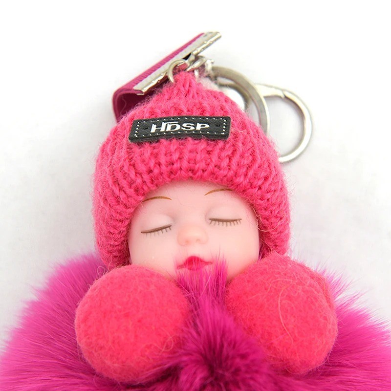 Cute Fluffy Pom Pom Plush Keychain Sleeping Baby Doll Bag Charm Gift for Women