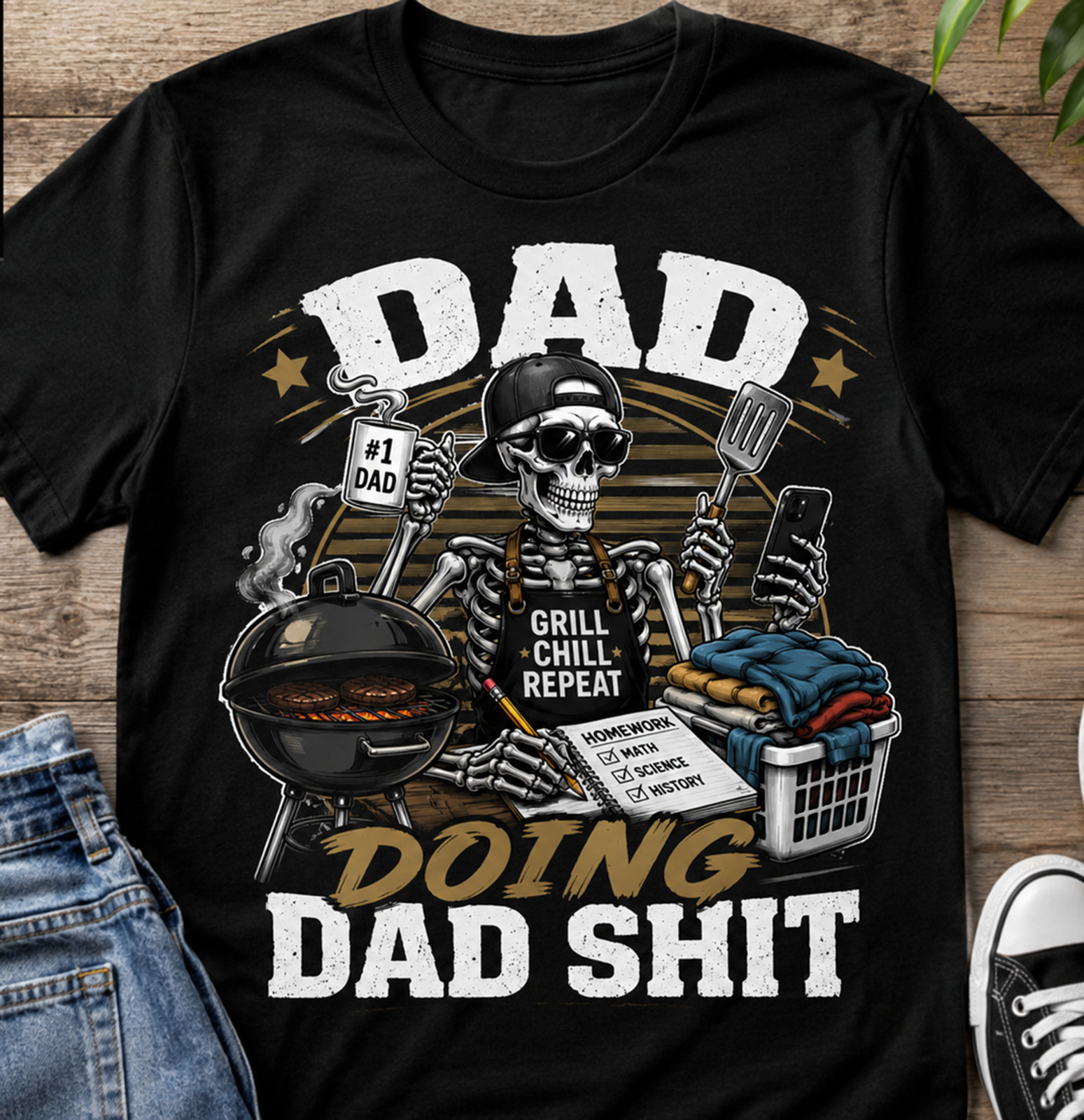 Fathers Day Men’s Big Tall Tee Shirt Dad Sh*t Funny Hip Hop Skull on BBQ Grill