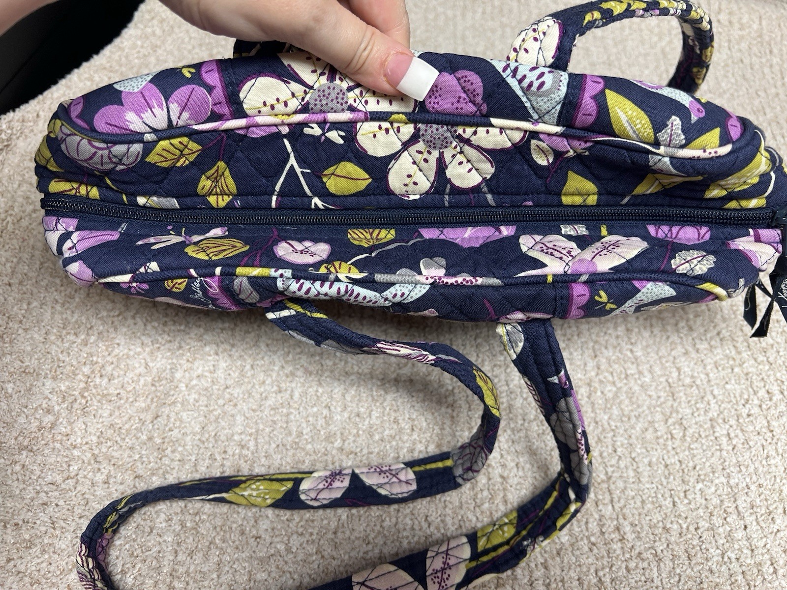 Vera Bradley Navy Floral Shoulder Bag Purse Zip Closure Bag Charm Inner Pockets