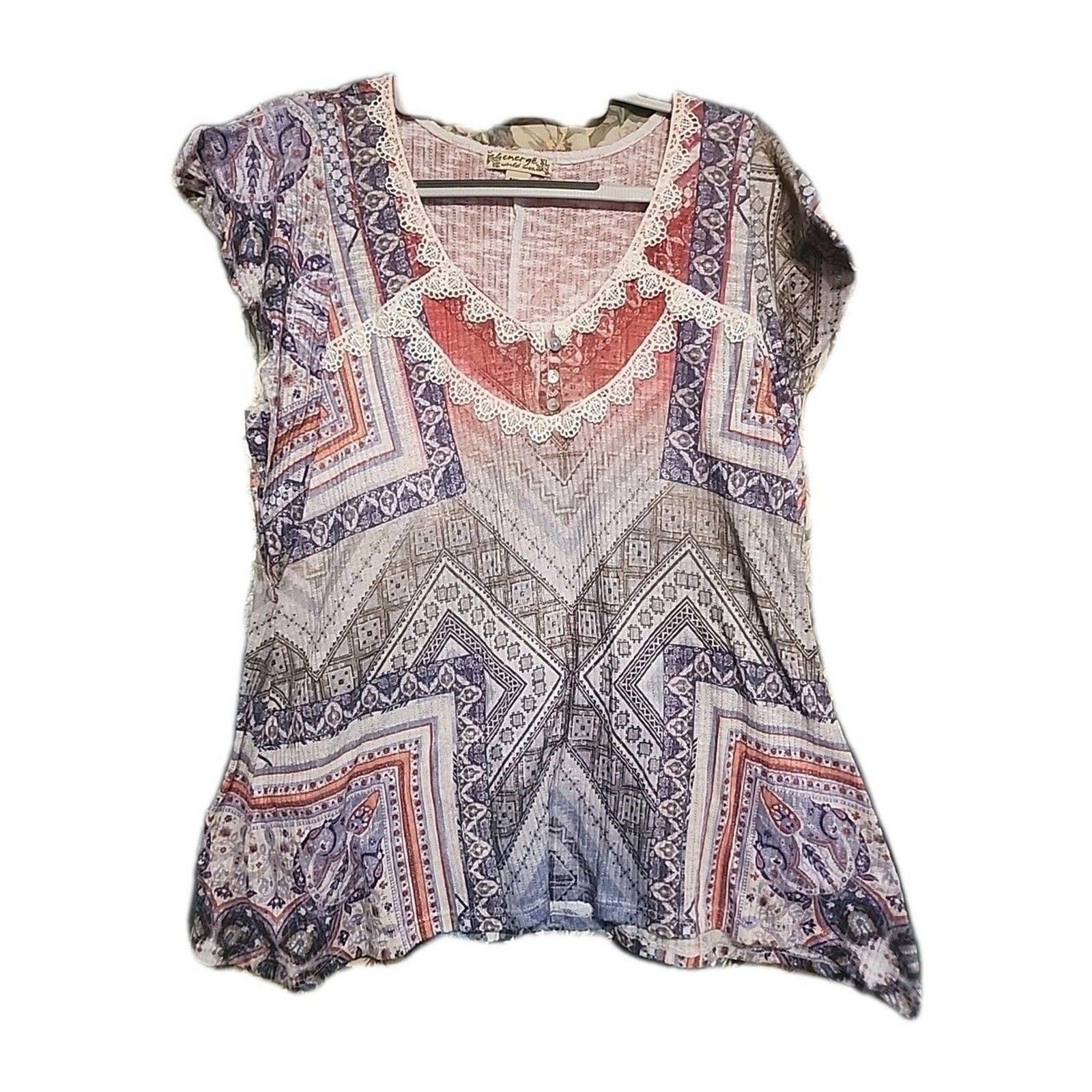 Energie Women’s Top XLarge Boho Patchwork Lace Trim Short Sleeve Festival Blouse