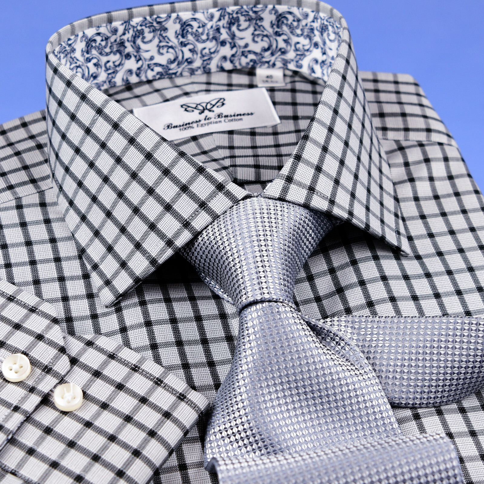 Grey Black Check Dress Shirt Formal Business Floral Paisley Barrel Button Cuff