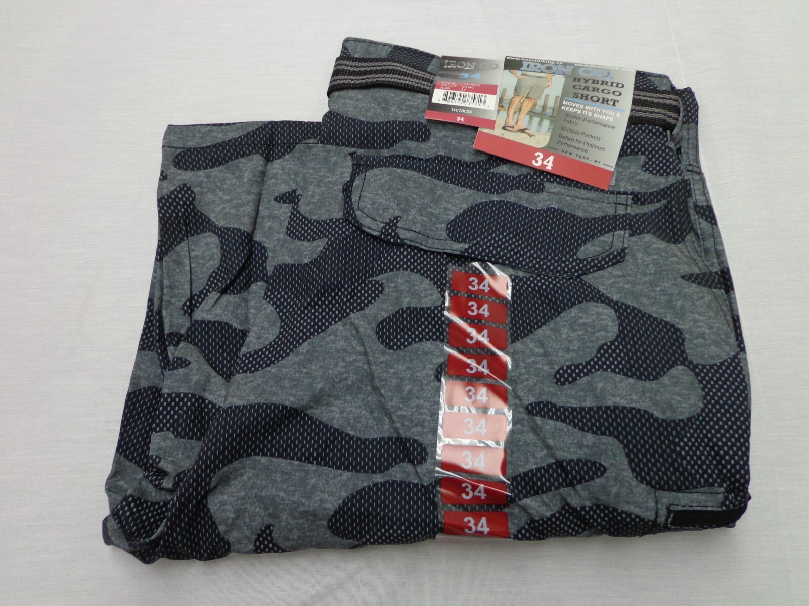 Iron Co Belted Stretch Performance Hybrid Cargo Shorts Gray Camo Size 34