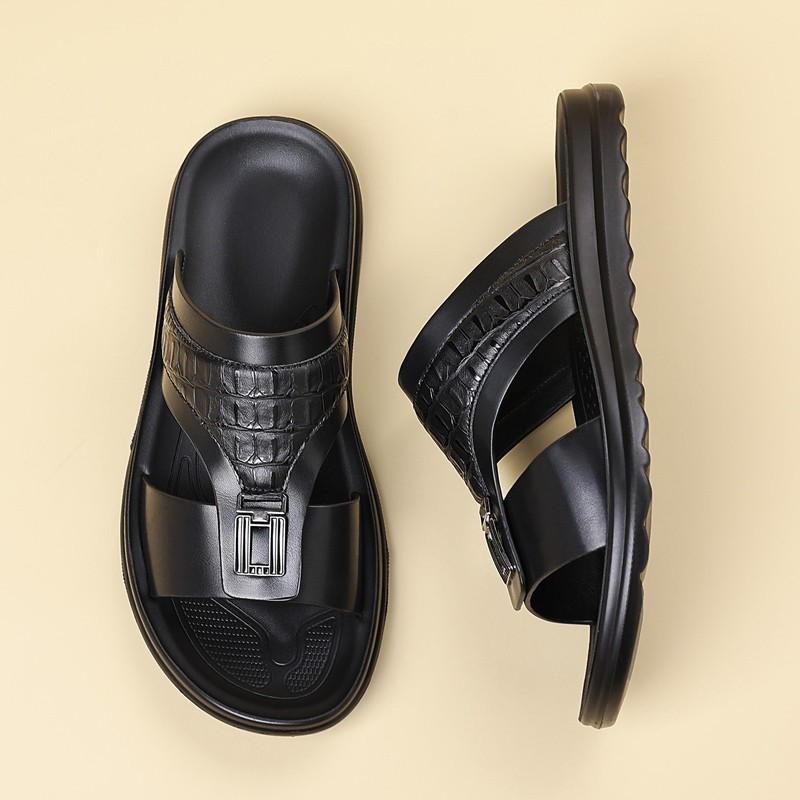 Men’s Croc-Embossed Slide Sandals, PU Leather, Comfort Non-Slip Rubber Sole