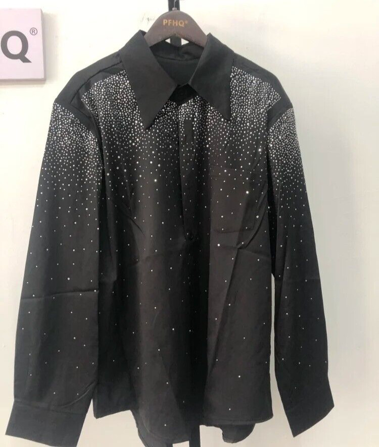 New Luxury Men Diamond Rhinestones Fashion Button-Down Black Shirt High Quality