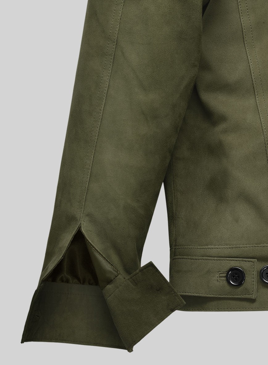 Mens Olive Green Suede Leather Jacket Casual Slim Fit Button Up Trucker Coat New