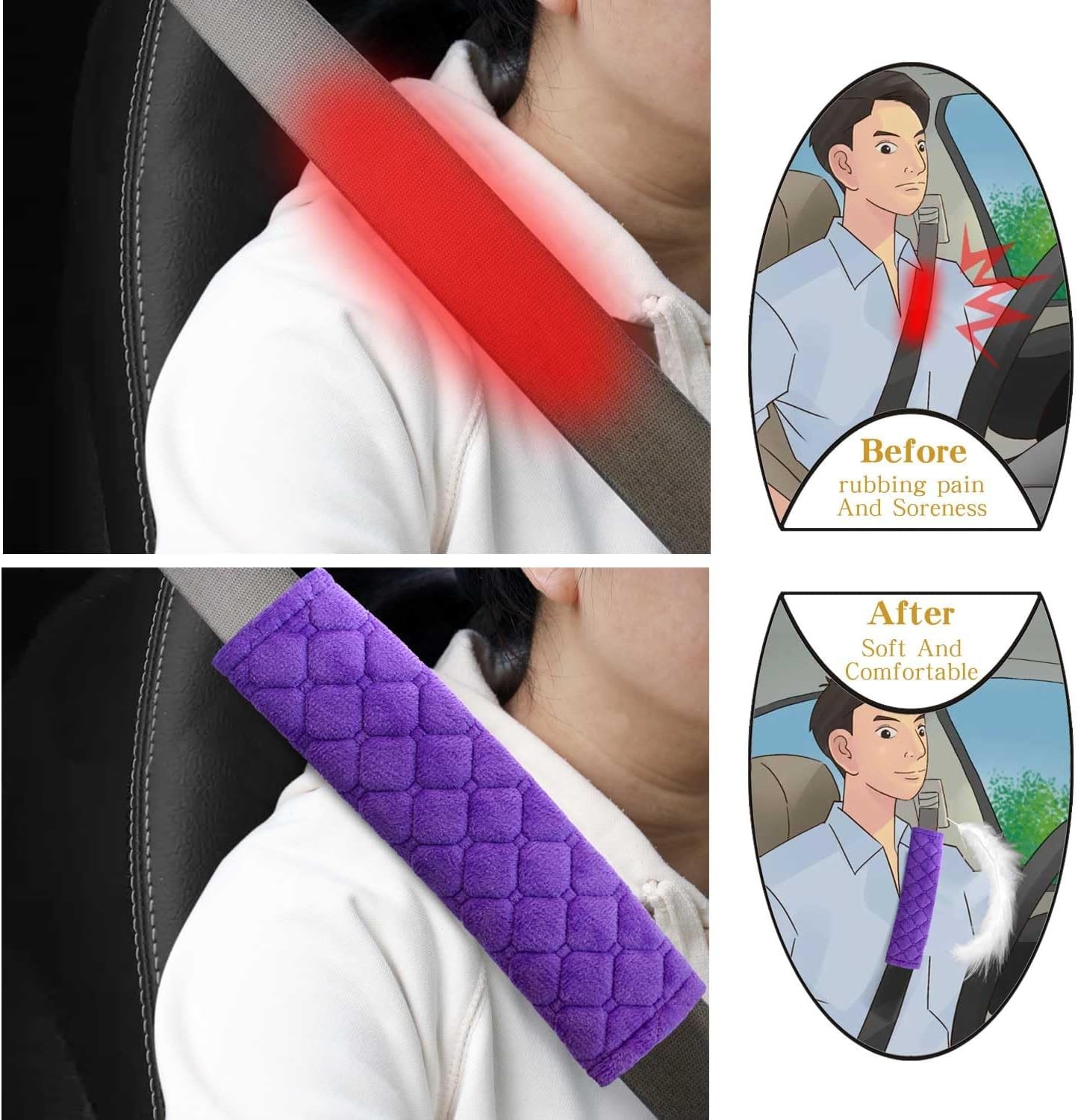 Plush Car Seat Belt Pads, Set of 2 Soft Cushions for Comfortable Color: purple