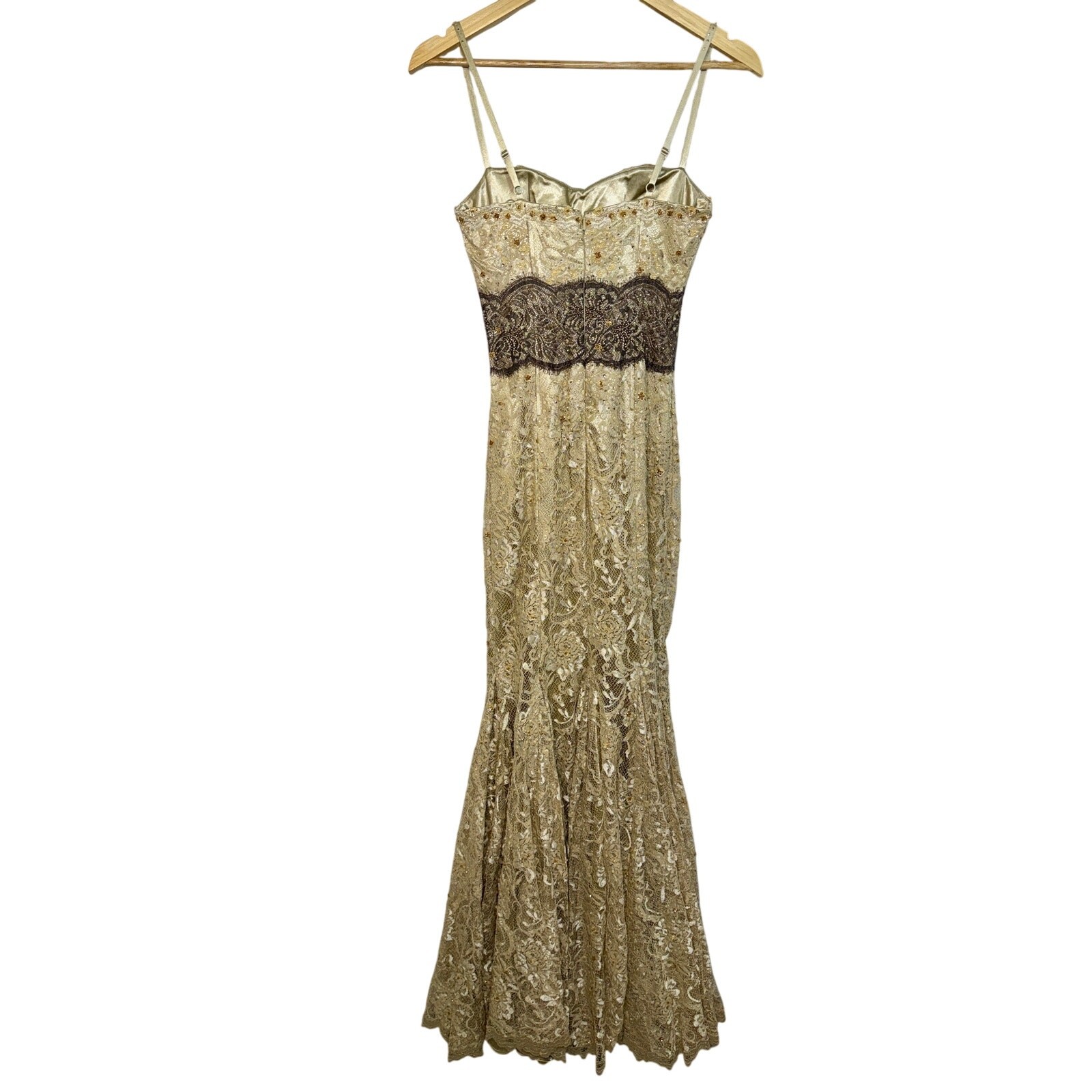NWT Mandalay Champagne Gold Lace Beaded Sequin Long Mermaid Evening Gown Size 8
