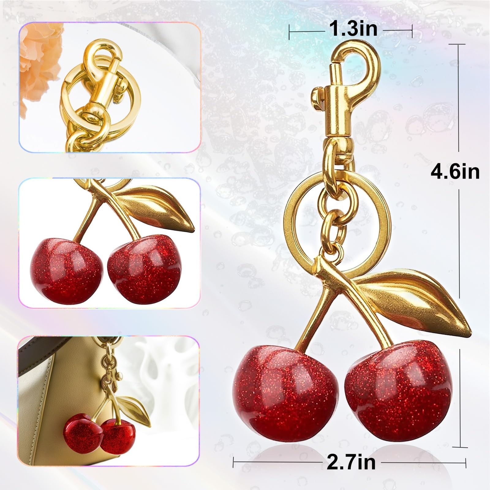 Women’s Cute Cherry Bag Charm Keychain – Red Glitter Purse Key Chain