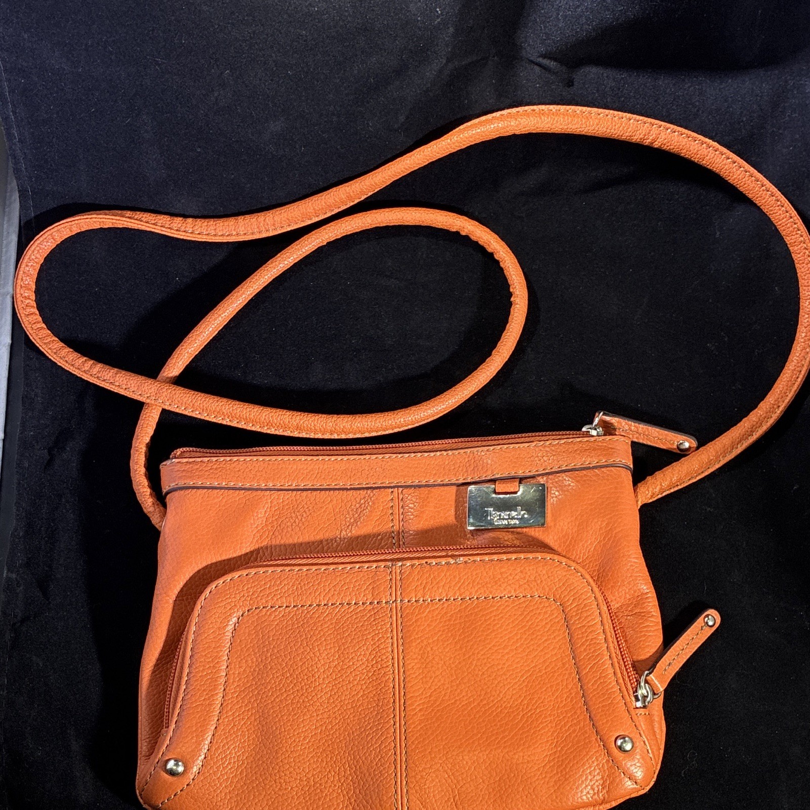 Tignanello Orange Pebbled Logo Crossbody Bag, Silver Hardware, Zip, Strap