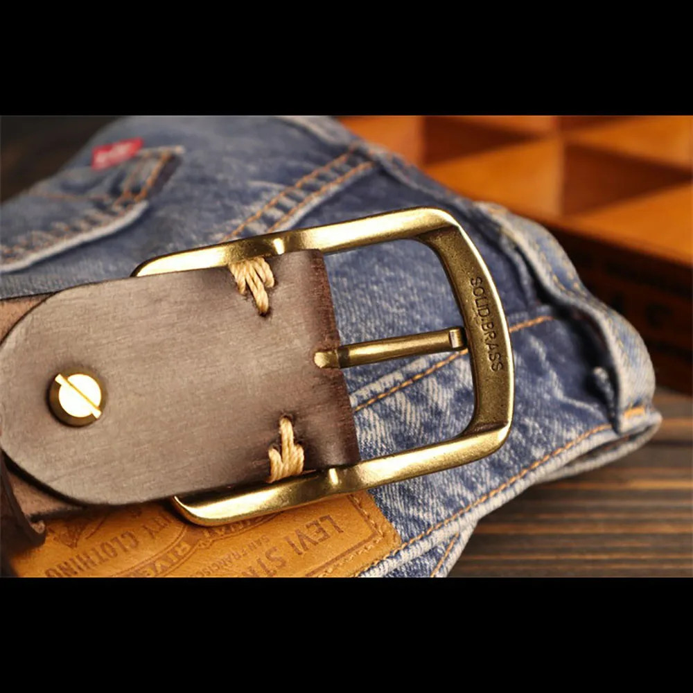 Amekaji Style Genuine Cowhide Leather Belt Brass Buckle Handcrafted 3.8cm Width