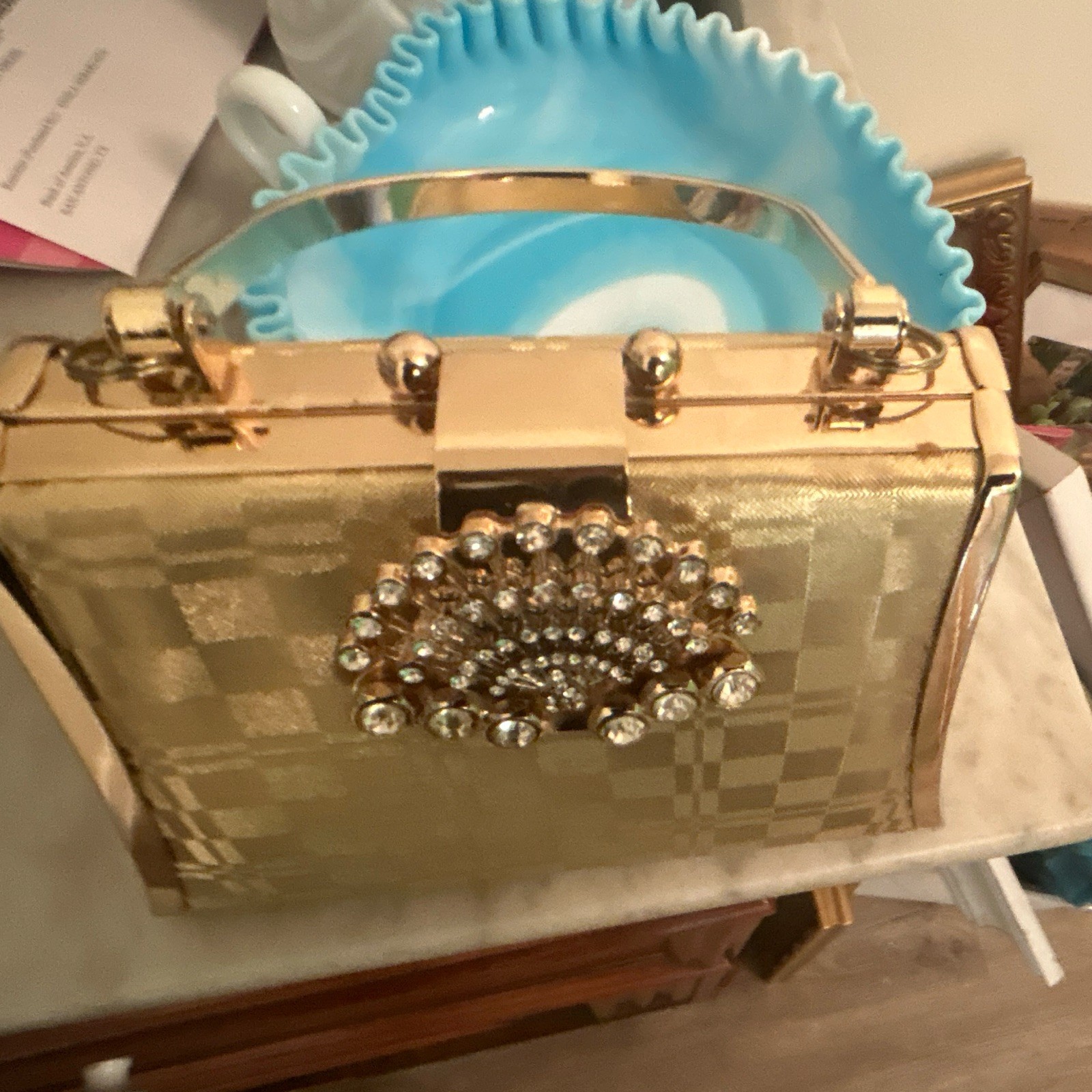 Gold Metallic Check Rhinestone Box Clutch Top Handle w/ Detachable Strap