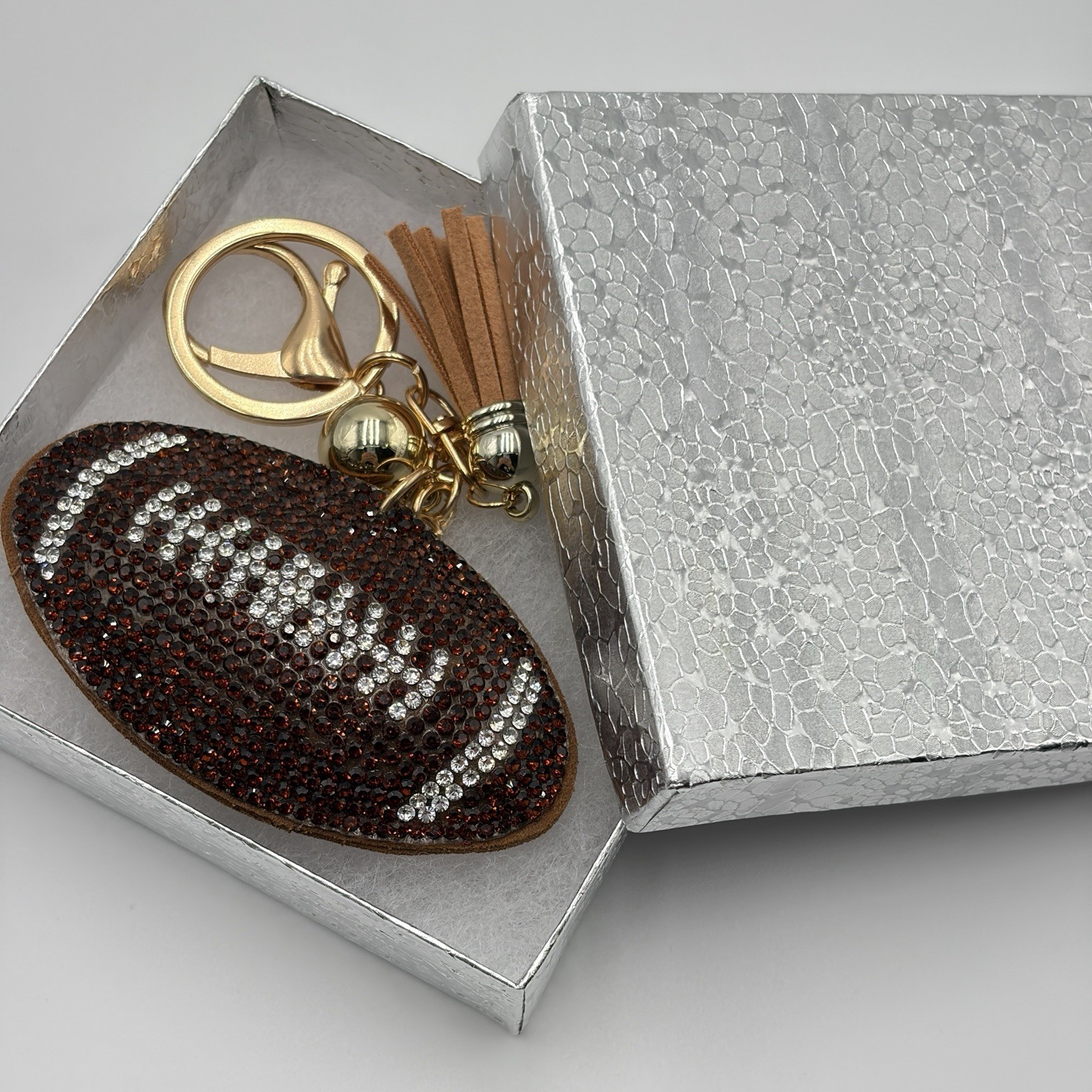 Football Rhinestone Bag Charm Keychain Sports Fan Gift Tassel Box Brown