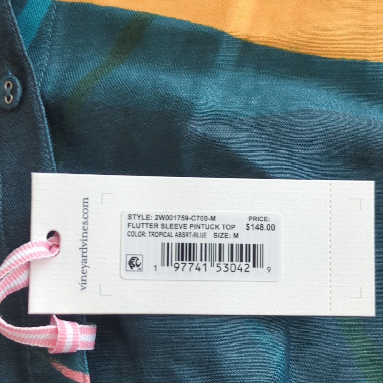 Vineyard Vines Abstract Flutter Sleeve Pintuck Woven Cotton Blouse Blue M