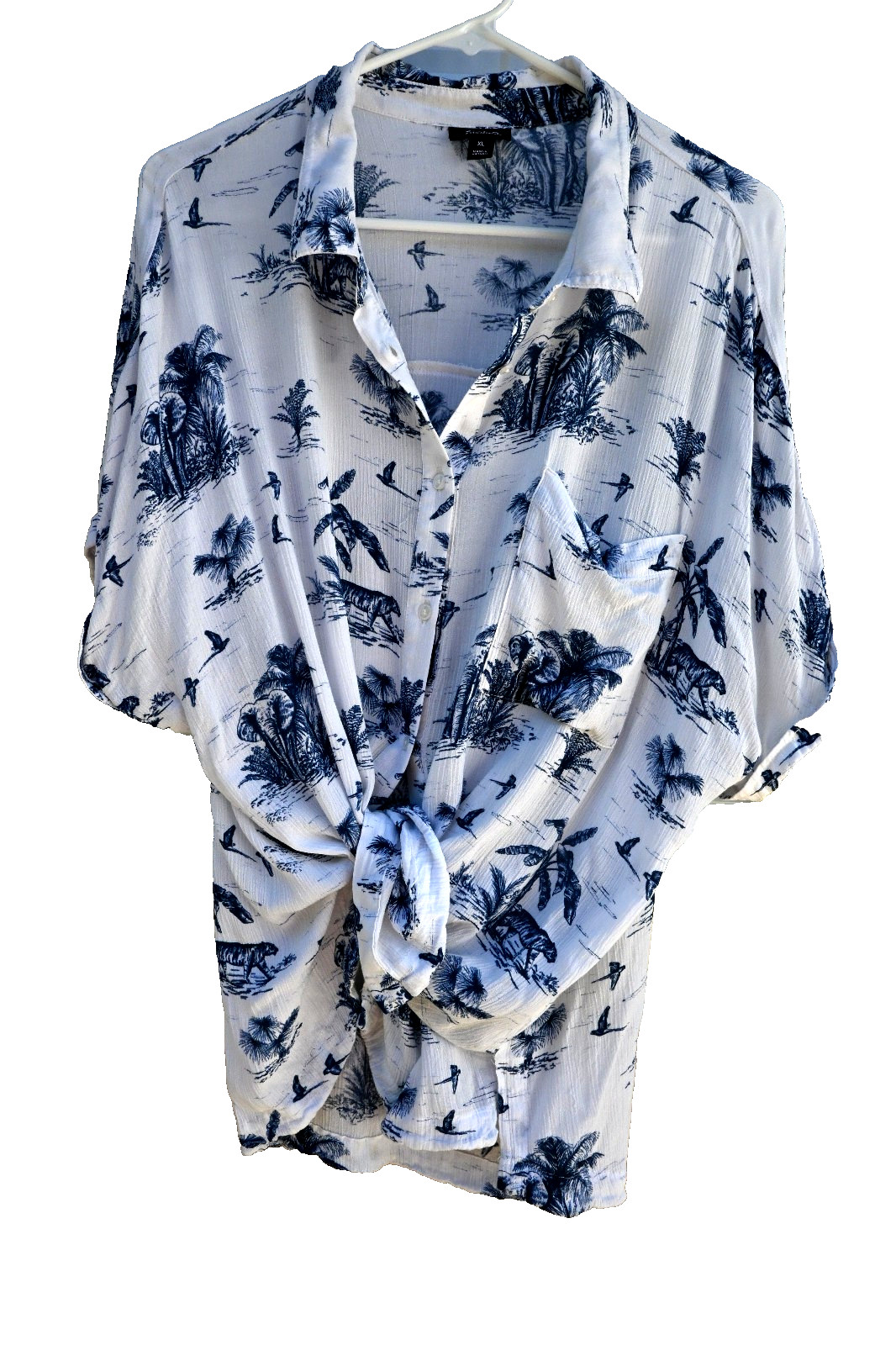 a.n.a A New Approach Tropical Toile Button Up Blouse White Blue Elephant XL