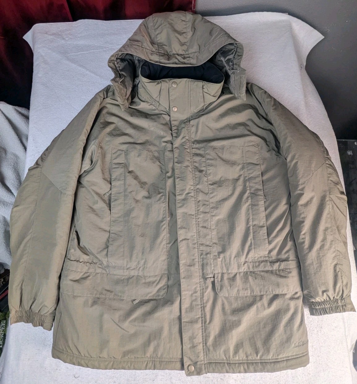 LL Bean Mens XL Primaloft Ski Jacket Hooded Insulated Coat Olive Green Pockets