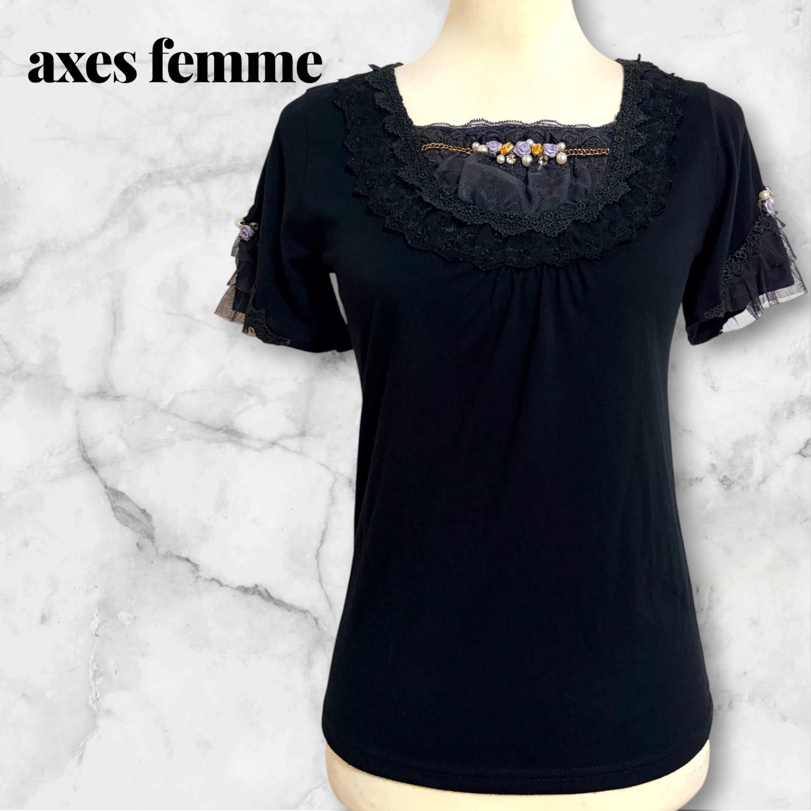 Axes Femme Black Top Rose Bead Pearl Square Neck Tulle Lace Kawaii Fairy Kei M