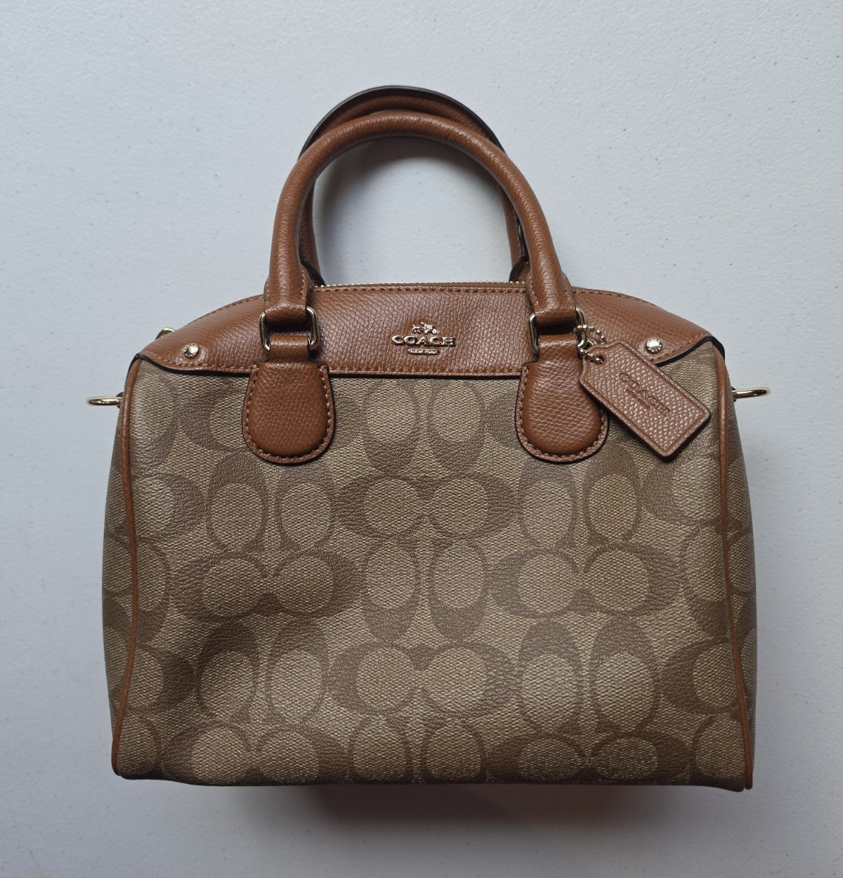 Coach Signature Zip Top Satchel Brown/Tan Gold Hardware Detachable Strap Charm