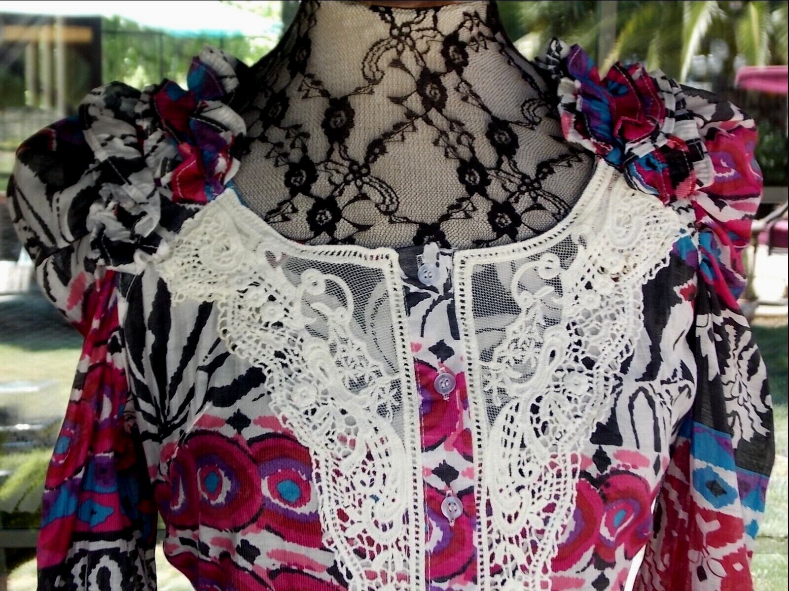 New Puffy Sleeve Ruffle Shoulders Macrame Bodice Long Tunic Shirt Sz. M 36″