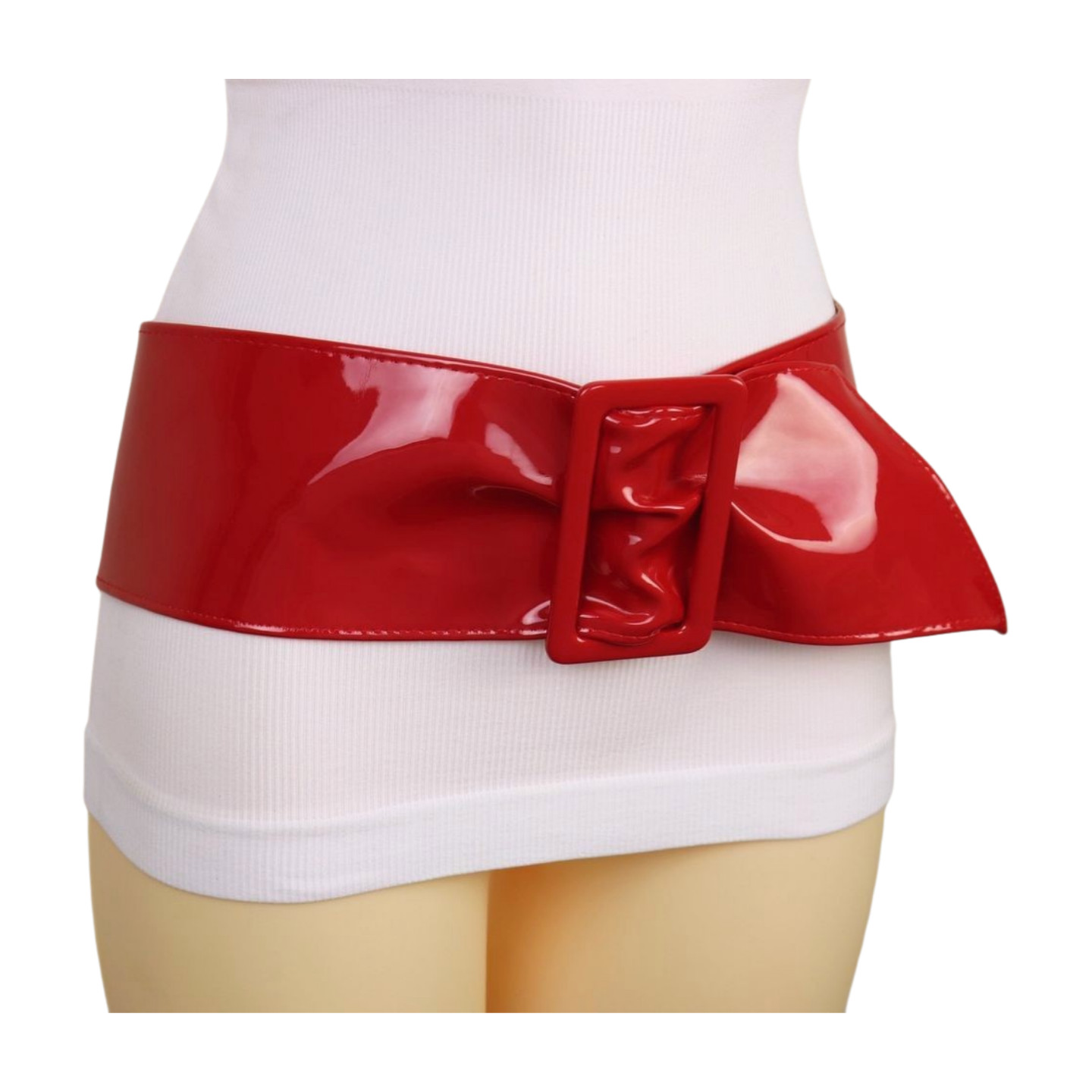 Women Red Faux Patent Leather Wide Premium Fashion Cool Belt Big Buckles Fit S M