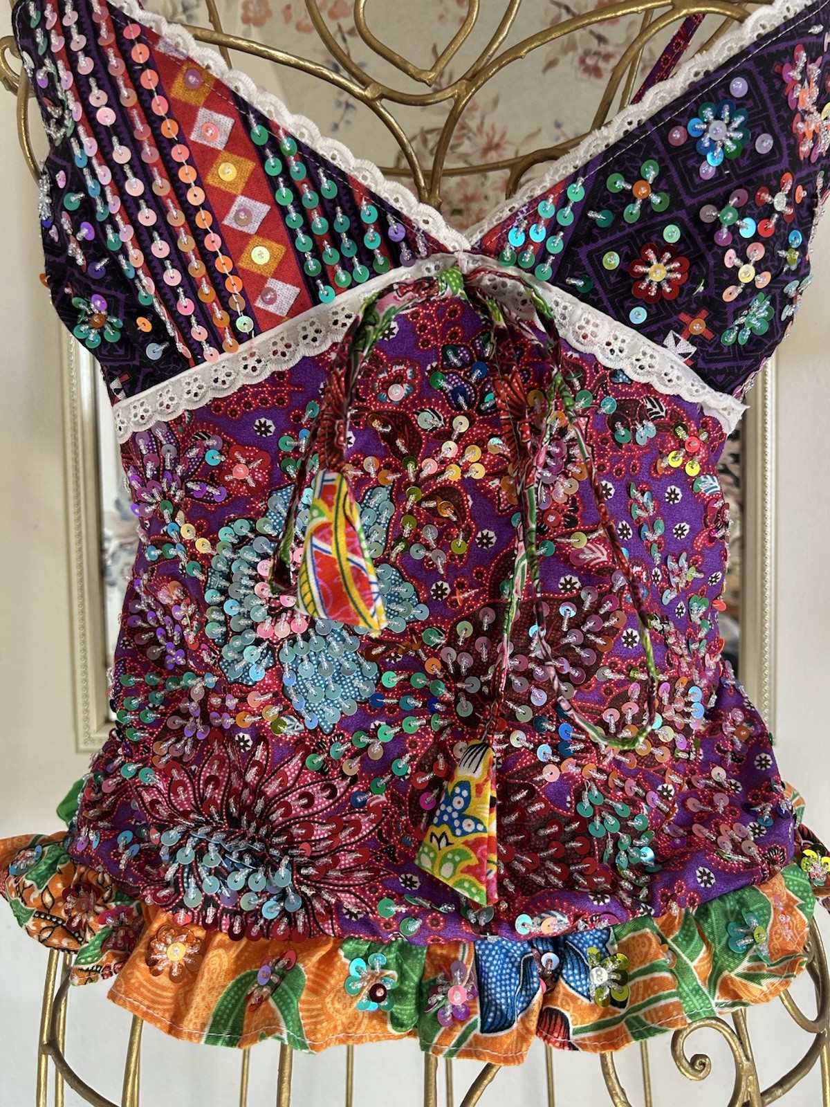 Women’s One Size Multicolor Floral 100% Cotton Sequin Camisole Hand Embroidered
