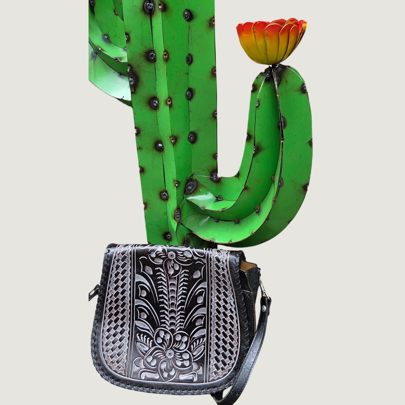Patricia Nash Leather Crossbody Saddle Bag Embossed Silver Floral Boho Western