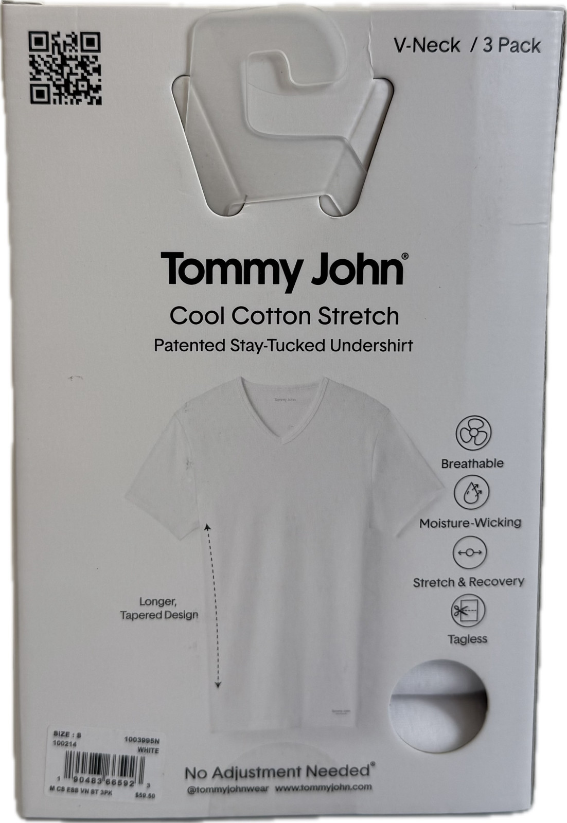 Tommy John 1003995N V-Neck 3 Pk Cool Cotton Stretch White Shirt (New in Box)