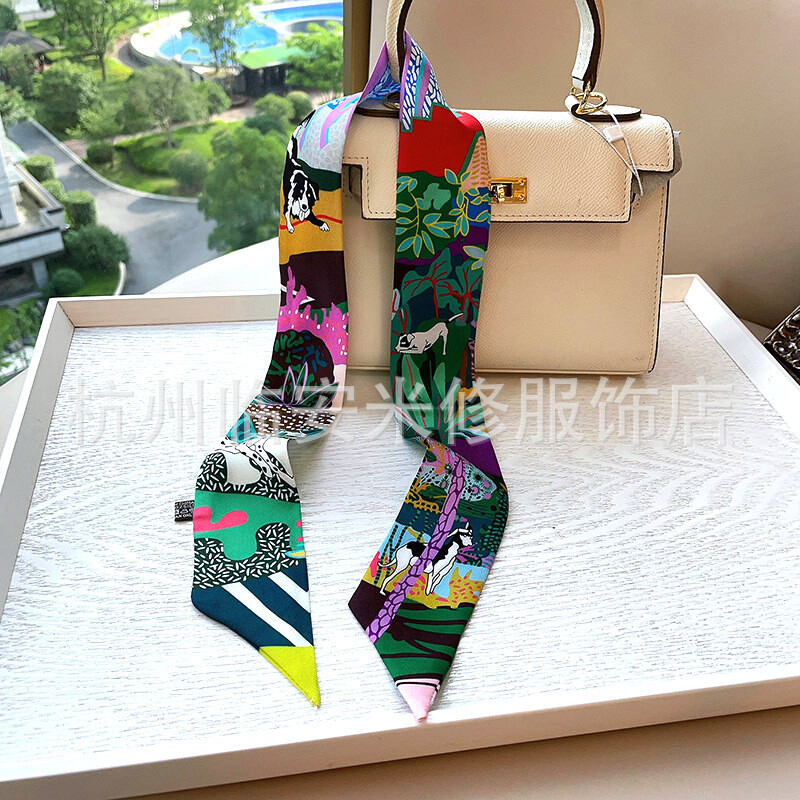 Sally Mulberry Twill Silk Scarf Ribbon Dogs Print Slim Head Band Neck Tie 90x5cm
