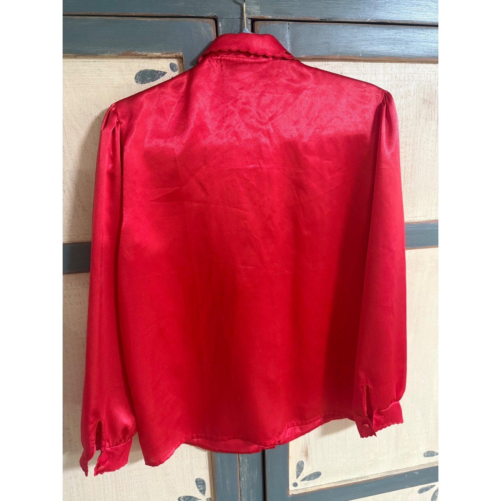 Voir Paris New York Red Satin Beaded Lace Blouse Vintage M Victorian Coquette