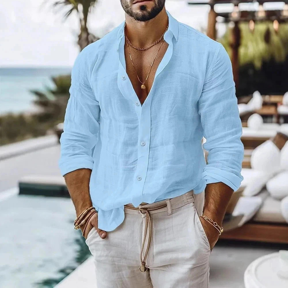Men Cotton Linen Summer Beach Shirt Solid Color Breathable Button Top