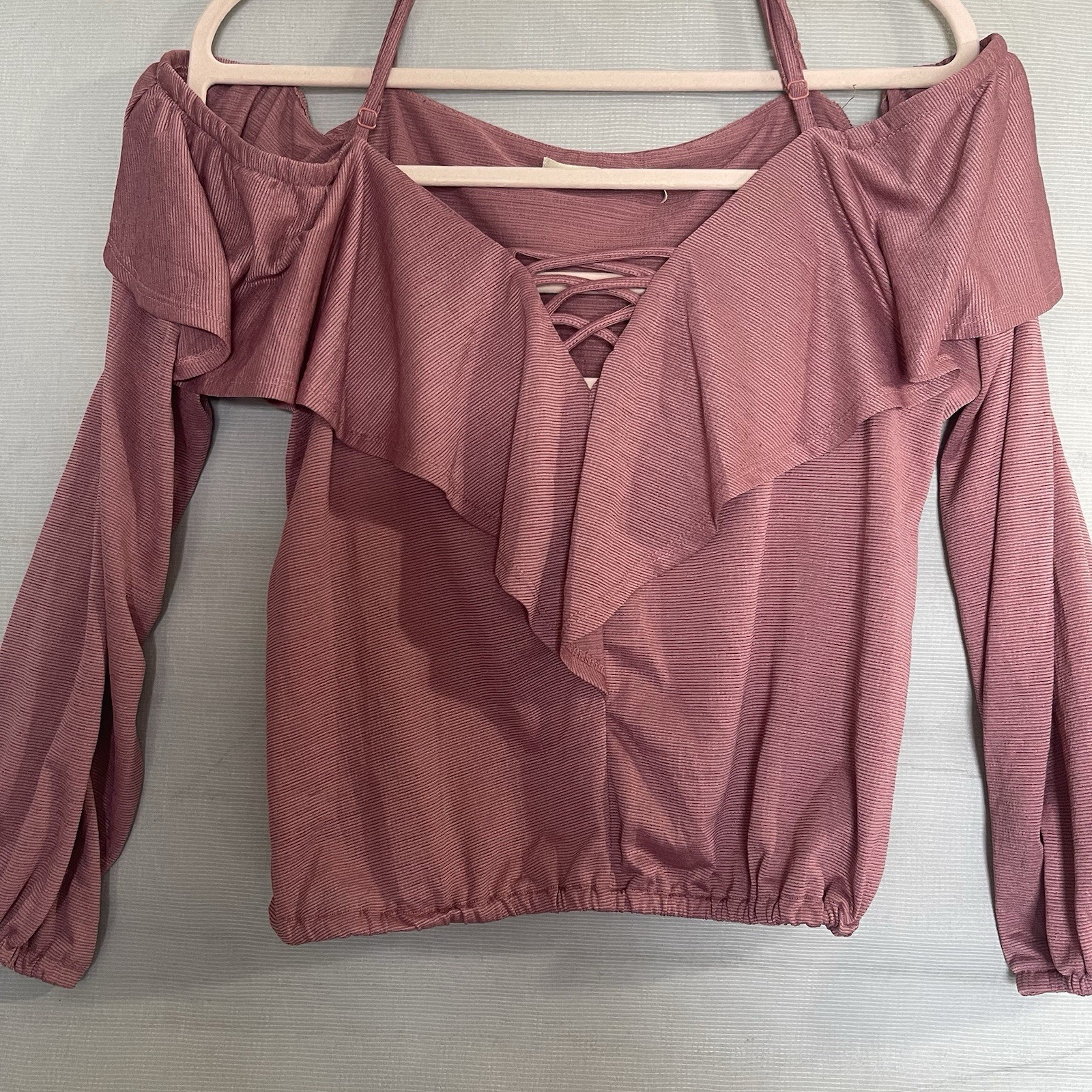 Liberty Love Pink Off Shoulder Ruffle Lace-Up Long Sleeve Blouse L
