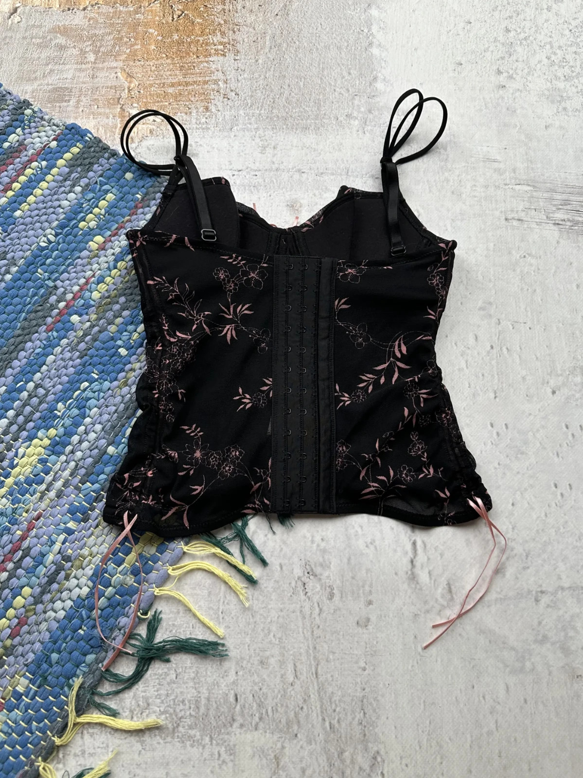 Y2K Women’s Floral Mesh Cami Top Ruched Sheer Tie Side Camisole Vintage