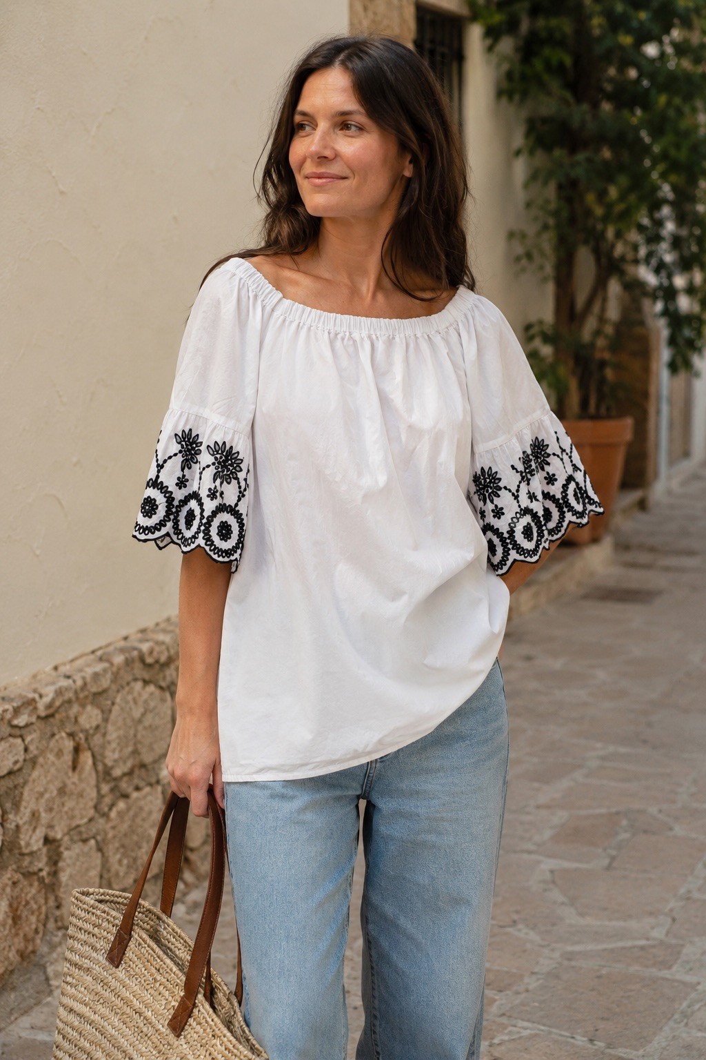 Dorothy Perkins White Bardot Top UK 8 Embroidered Sleeves 100% Cotton Lined Boho