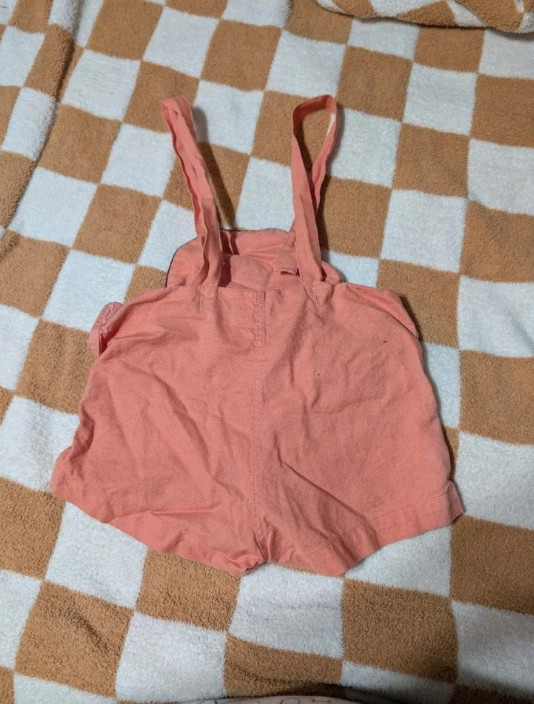 Vintage Baby Coral Shortall Romper Lamb Embroidered Size 0-3M Sleeveless EUC