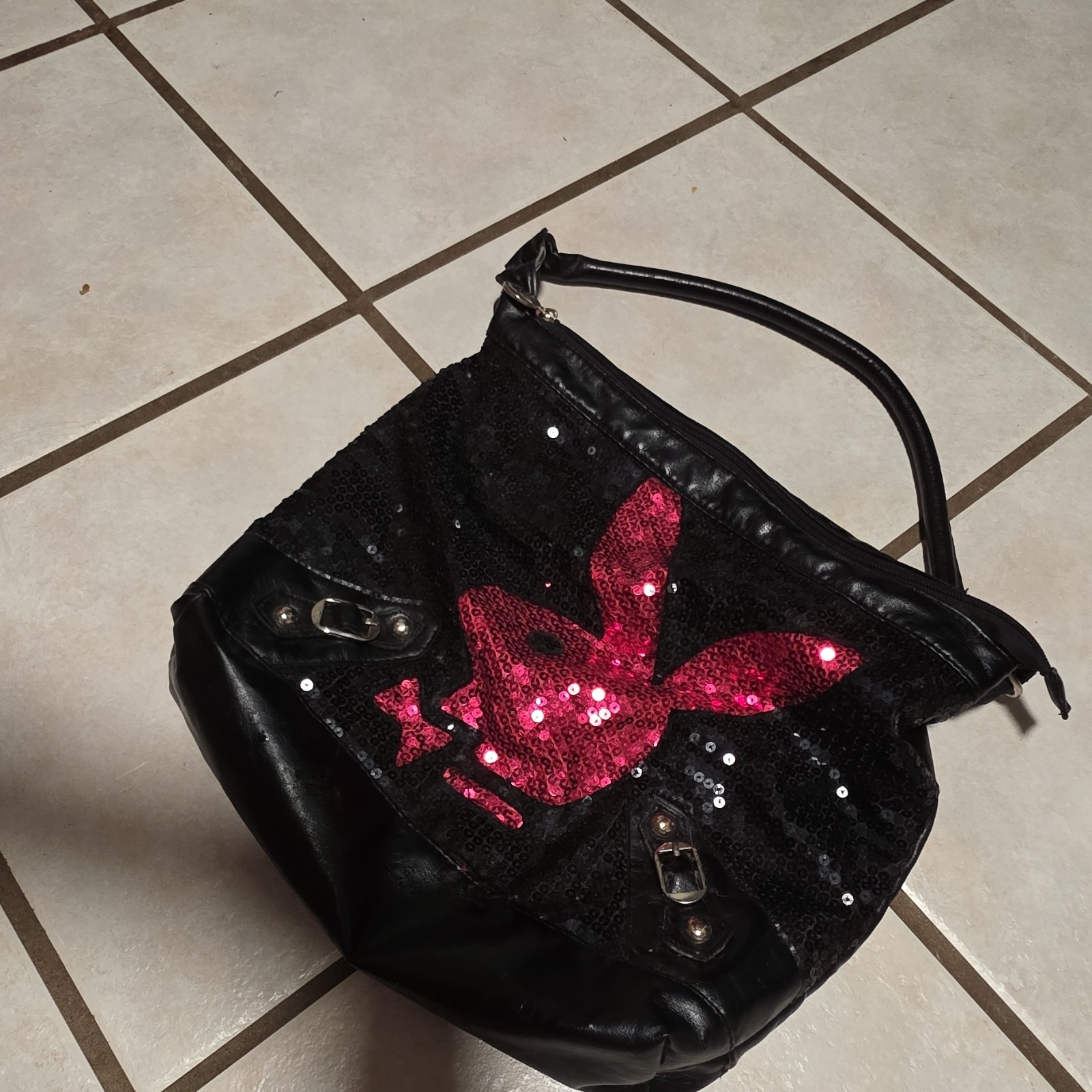 Playboy Black Sequin Bunny Logo Shoulder Bag, Zip Closure, Pink Lining, Strap
