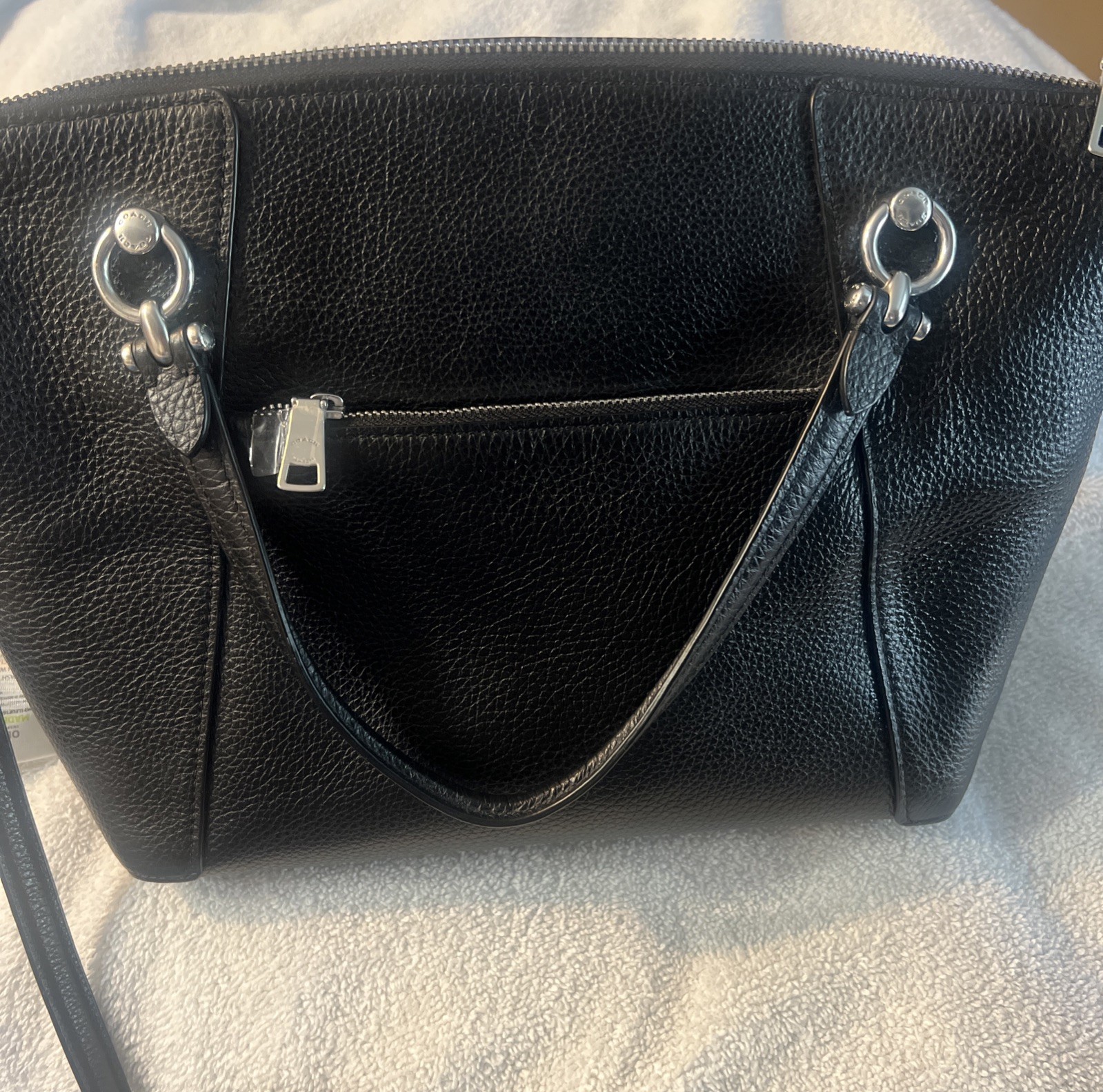 Coach Crossbody Bag Black Pebble Leather black Interior with silver hardware.