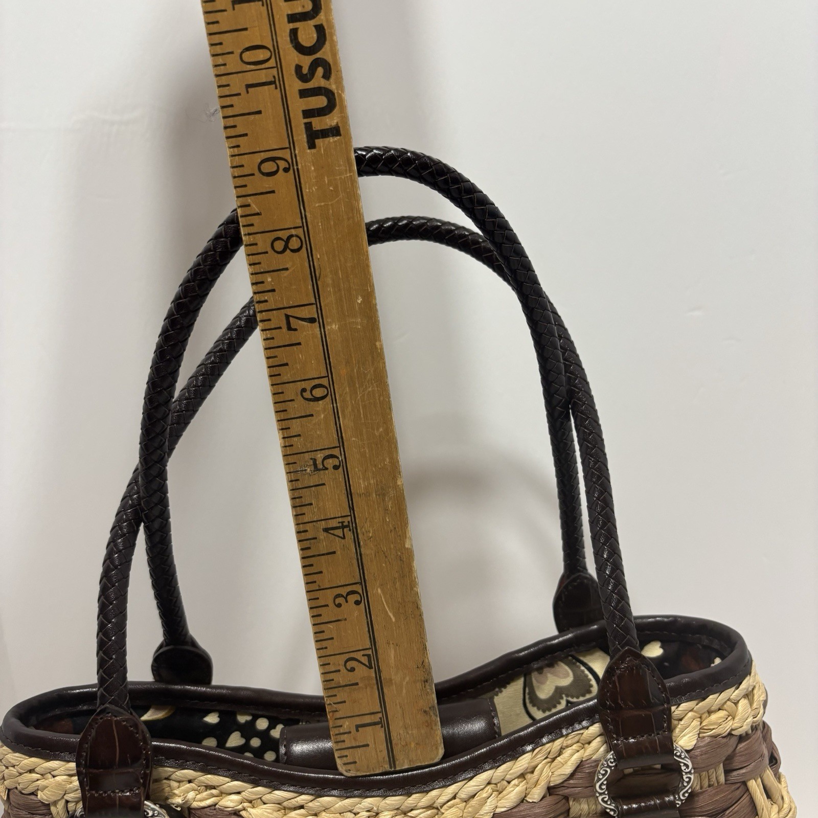 Brighton Brown Beige Woven Tote Bag Heart Charm Magnetic Closure Lined Pockets