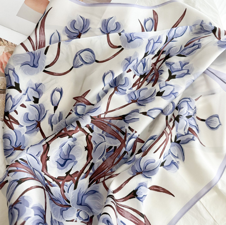 100% Silk Mulberry 35” Scarf For Women Neckerchief Wrap Flower branches Print