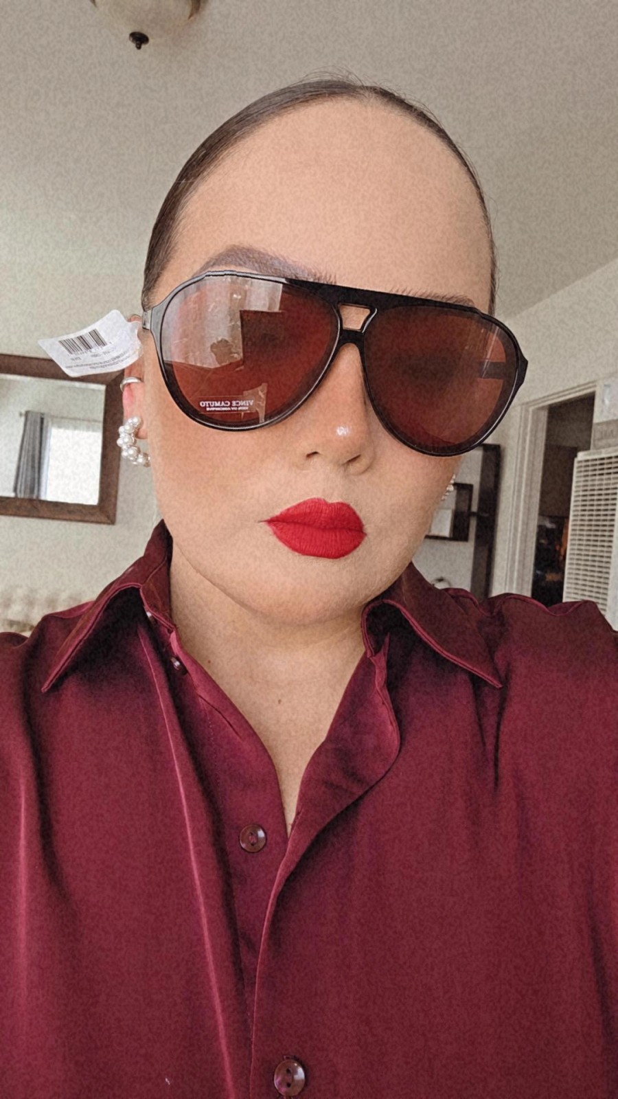 Vince Camuto Women’s Aviator Sunglasses Black Plastic Frame Red Tinted Lens