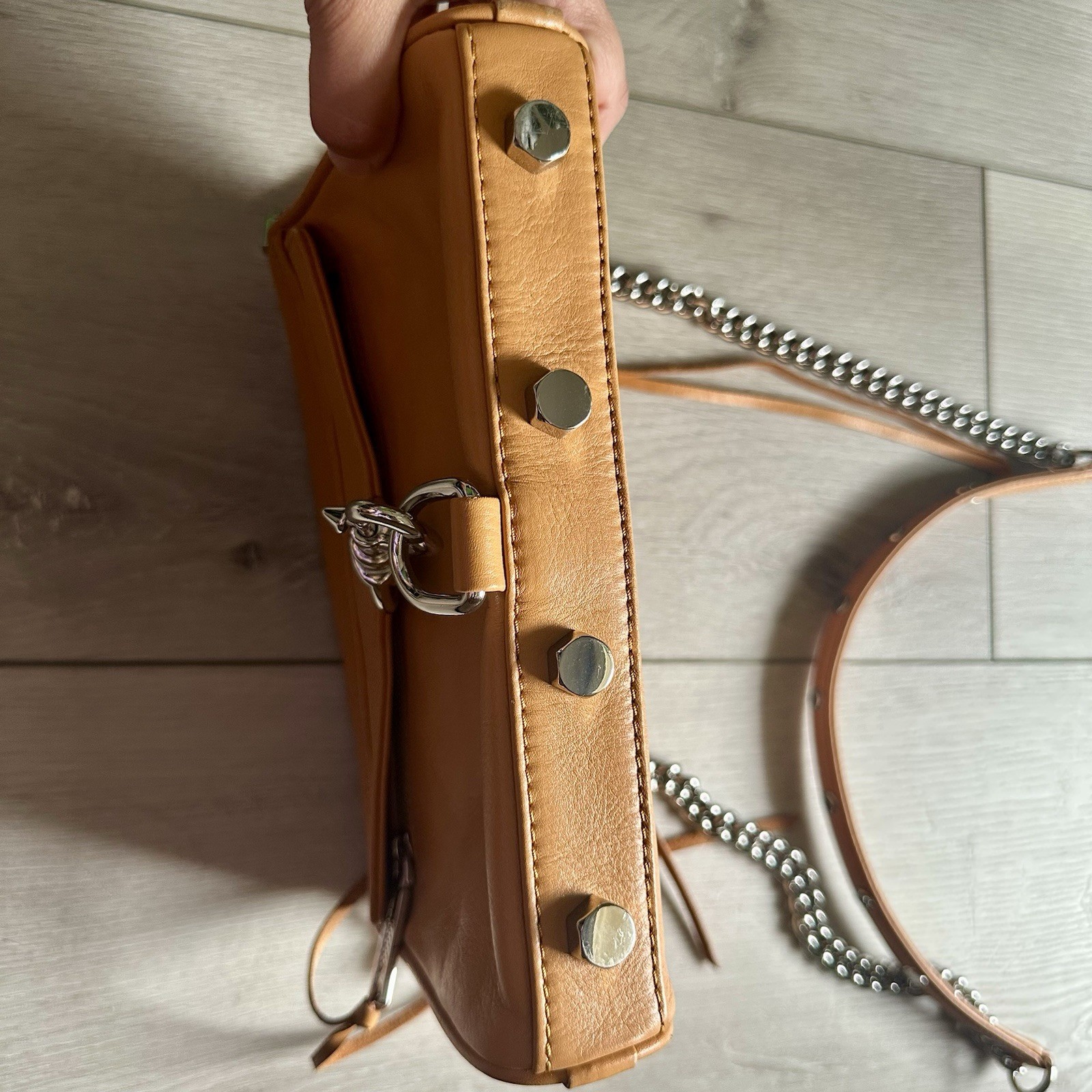 Rebecca Minkoff Mini M.A.C. crossbody bag in Light Camel Tan Soft leather