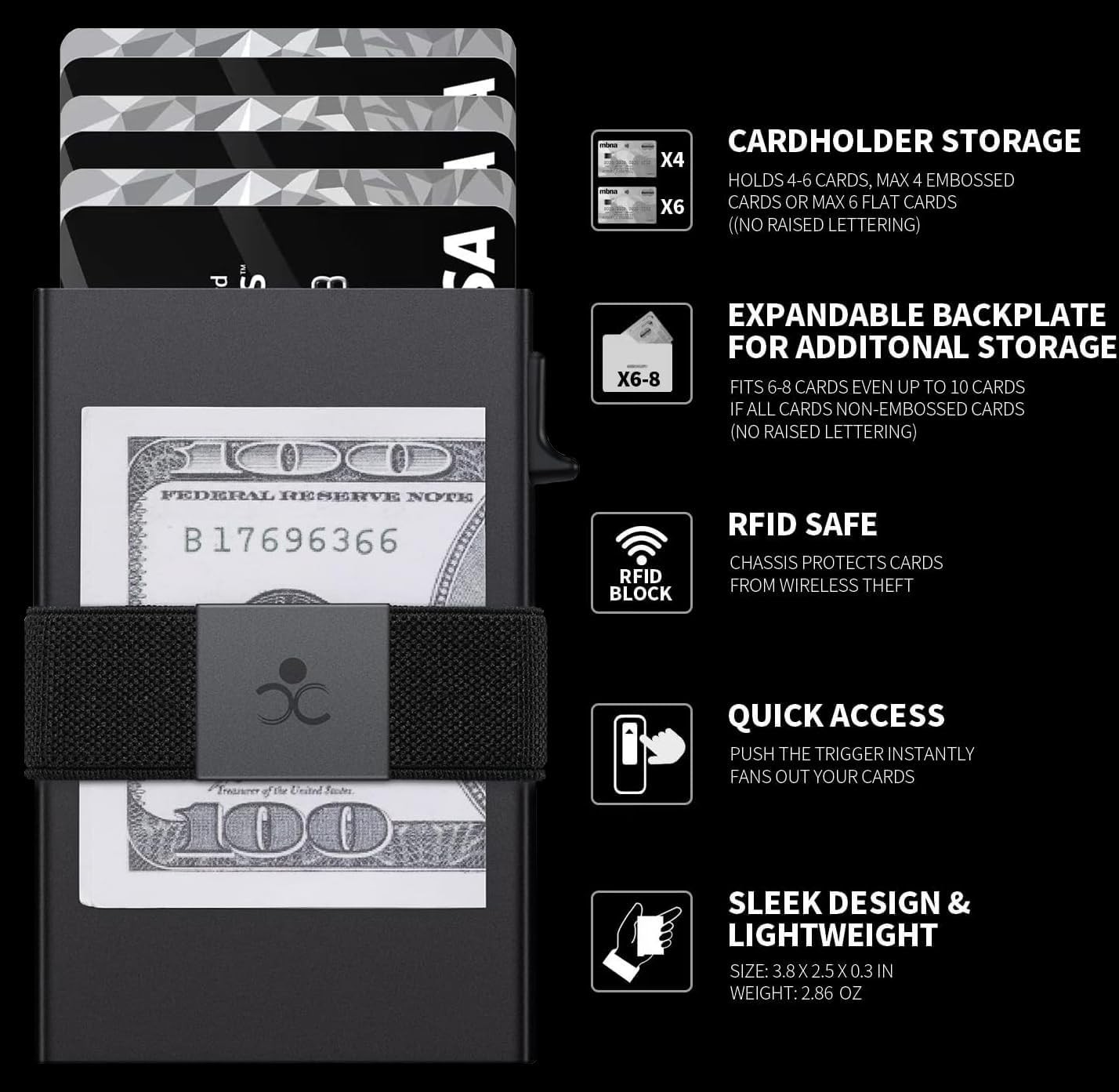SEMORID Slim Aluminum RFID Metal Pop Up Wallet Black NEW