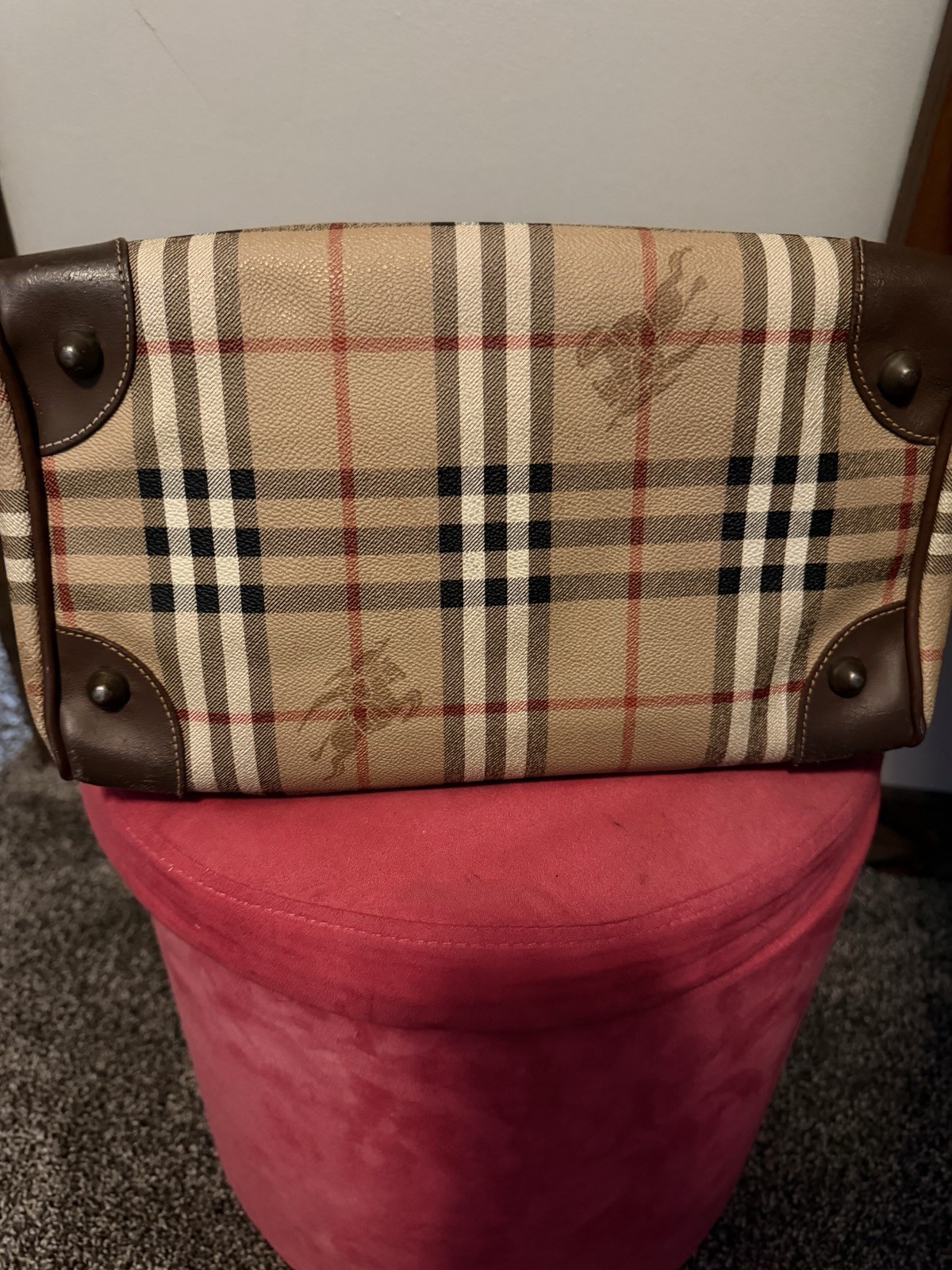 Burberry Haymarket Check Satchel Top Handle Bag Zip, Gold