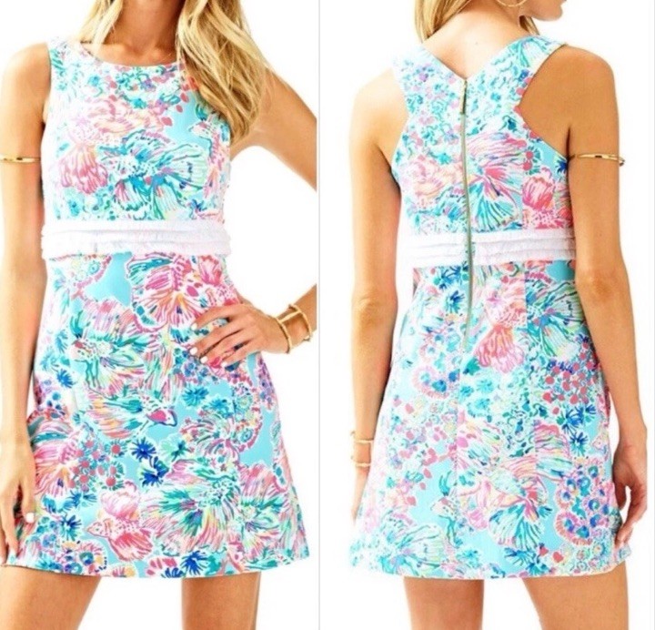 Lilly Pulitzer Arden Mini Shift Dress Serene Blue Gypsea Size Medium Fringe Fish