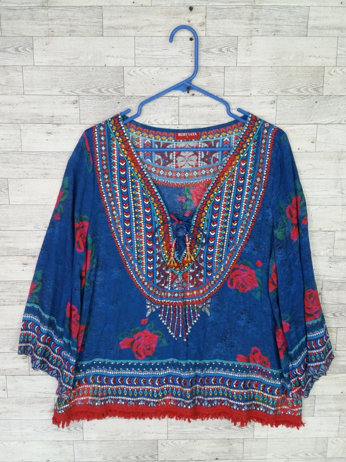 Women’s Ruby Yaya Bell Sleeve Rhinestone Embellished Blouse Top Size Large L